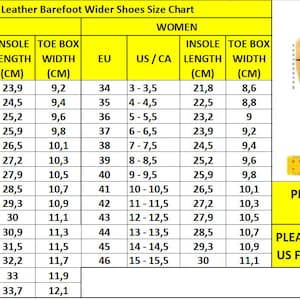 May include: A yellow chart showing a size guide for men's and women's shoes. The chart displays European shoe size, US/Canadian shoe size, insole length in centimetres, and toe box width in centimetres. The chart also includes a diagram of a foot with measurements for length and width.