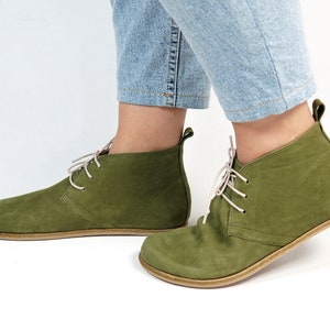 Handmade Green Nubuck Leather Ankle Booties - Barefoot Zero Drop