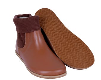 Bottines chelsea à bout large et pieds nus : cuir fauve, Zero Drop, fait main