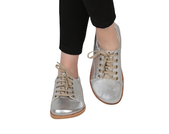 WOMEN Zero Drop SNEAKER Barefoot SILVER Bright Leather Handmade Shoes, Natural, Colorful, Slip-On