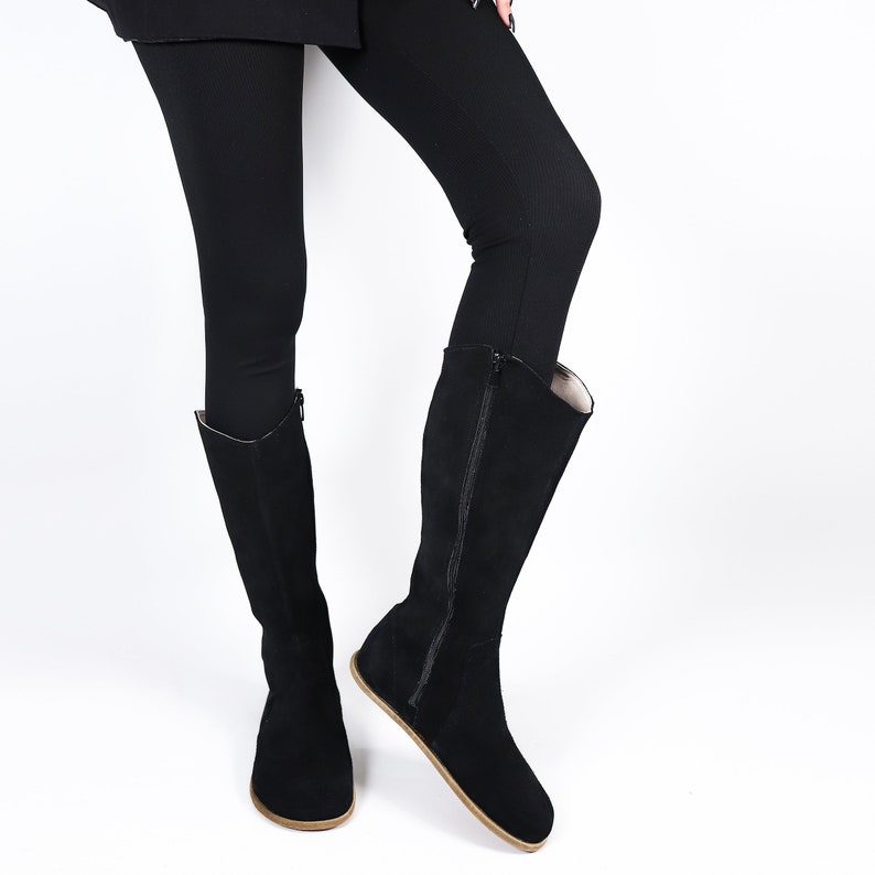 Women Flat KNEE Boots Barefoot Zero Drop BLACK SUEDE Leather Handmade Shoes, 5mm Leather Outsole image 2