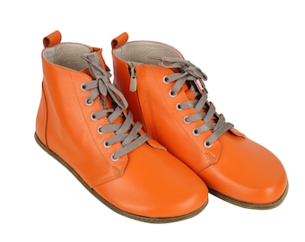 Handmade Orange Leather Ankle Boots: Barefoot Zipper Lace-up