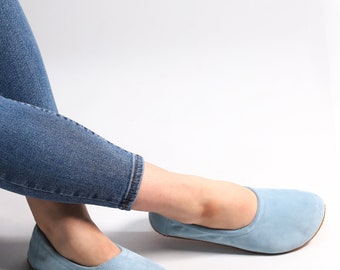 Baby Blue Suede Leather Ballerinas: Handmade Barefoot Slip-On Shoes
