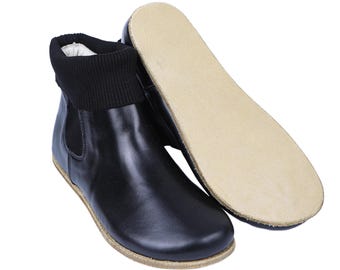 Herren Barfuß-Chelsee-Stiefel mit breiter Spitze: Schwarzes Leder, Zero Drop