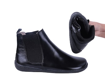 Men Handmade CHELSEA Boots Zero Drop, Barefoot BLACK SMOOTH Leather, Natural, Colorful, Leather Insole & 6mm Soft Rubber