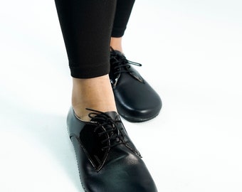 WOMEN Zero Drop Oxford Shoes Barefoot ALL Black Smooth