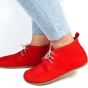 Handmade Red Nubuck Leather Ankle Booties: Women's Barefoot Zero Drop Boots