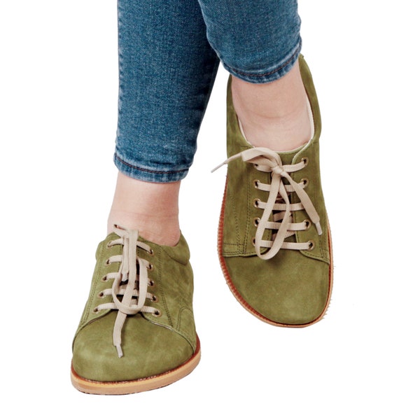 MEN Zero Drop SNEAKER Barefoot GREEN Nubuck Leather Handmade Shoes, Natural, Colorful, Slip-On