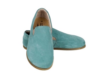 MEN Barefoot SEA Blue SUEDE Leather Handmade Classic Yemeni Shoes, Natural, Colorful, Slip-On