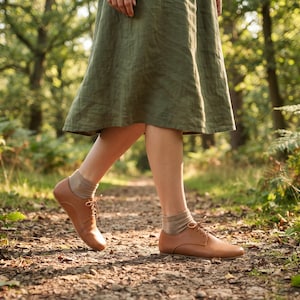 Women's Barefoot TAN SMOOTH Leather Oxford Shoes, Classic Comfort & Style: Handmade, Moccasins, 6mm Rubber Outsole image 4
