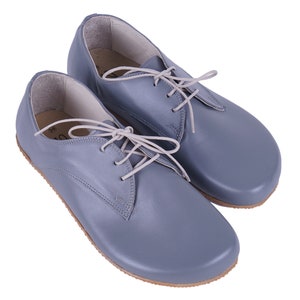 WOMEN Zero Drop Oxford Barefoot GRAY SMOOTH Leather Handmade Shoes, Natural, Colorful, Slip-On 5mm Rubber Outsole