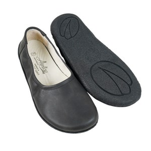 Flat Ballet Barefoot Zero Drop ASPHALT - BLACK CRAZY Leather Ballerinas, Leather Handmade Shoes, Slip-On 6mm Rubber Outsole