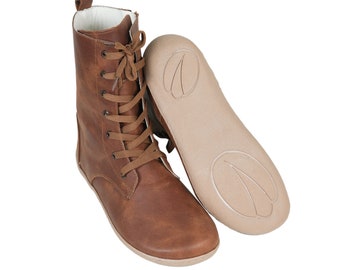 WOMEN Boots WIDE Zero Drop Barefoot BROWN Crazy Leather Handmade, Natural, Colorful, Rubber Outsole