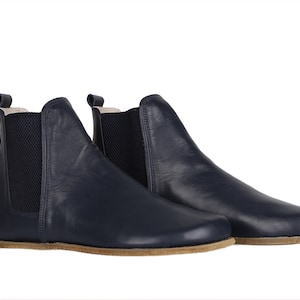 Dames handgemaakte CHELSEA laarzen Zero Drop, blote voeten MARINEBLAUW glad leer, natuurlijk, kleurrijk, lederen binnenzool & buitenzool