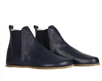 Handmade Women's Barefoot Chelsea Boots: Navy Blue Leather, Zero Drop