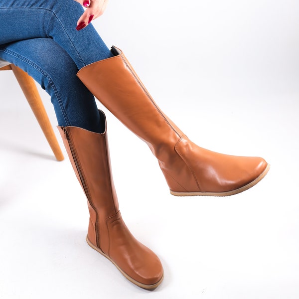 Women Flat KNEE Boots Barefoot Zero Drop TAN SMOOTH Leather Handmade Shoes, 5mm Eva Base Outsole