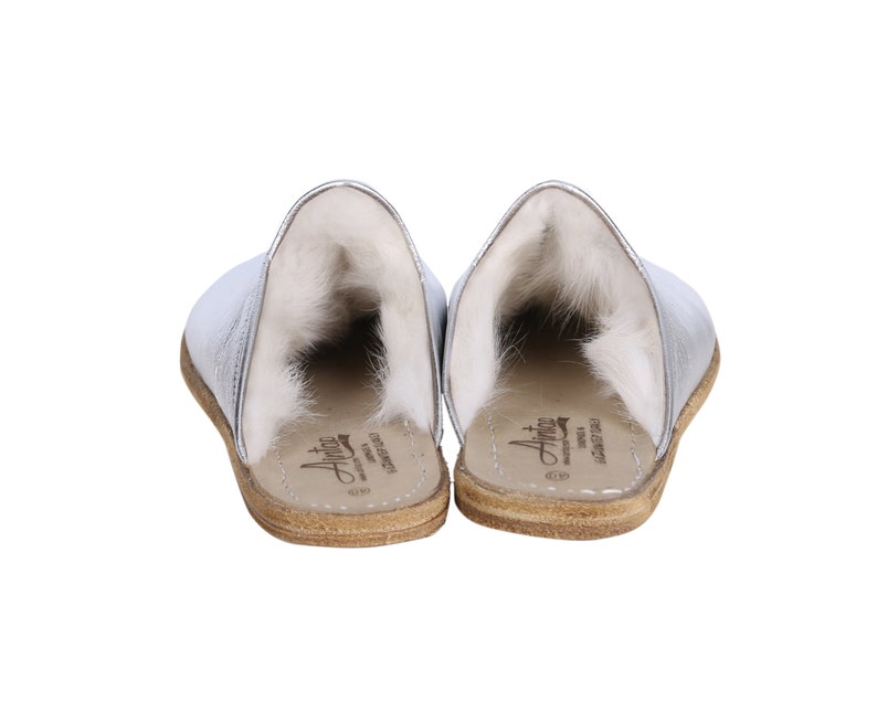 Shearling MEN Wide Slipper, Sandals Barefoot SILVER Bright Leather Handmade image 2