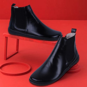 Women Handmade CHELSEA Boots Zero Drop, Barefoot BLACK SMOOTH Leather, Natural, Colorful, Leather Insole & 5mm Soft Rubber image 3