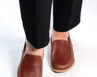 Women Wider Loafers Style Shoe, Handmade, Zero Drop, Barefoot BROWN Smooth Leather, Natural, Leather Insole  Eva Base and Rubber Outsole