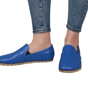 MEN Barefoot BLUE Leather Handmade Sport Yemeni Shoes, Natural, Colorful, Slip-On