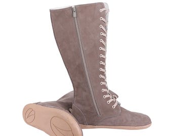 Handcrafted Smoked Nubuck Leather Barefoot Knee Boots: Wide Toe, Zero Drop