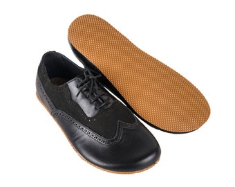 MeN Barefoot OXFORD, Moccasin Shoes Businessman BLACK Leather Handmade Zero Drop, Dress Formal Oxfords Lace Up  RuBBER OUTSOLE