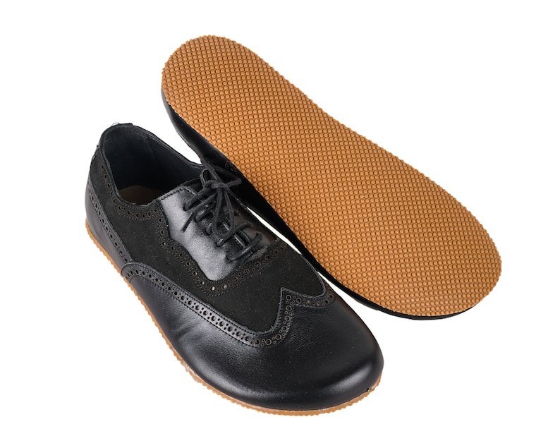 MeN Barefoot OXFORD, Moccasin Shoes Businessman BLACK Leather Handmade Zero Drop, Dress Formal Oxfords Lace Up RuBBER OUTSOLE image 1