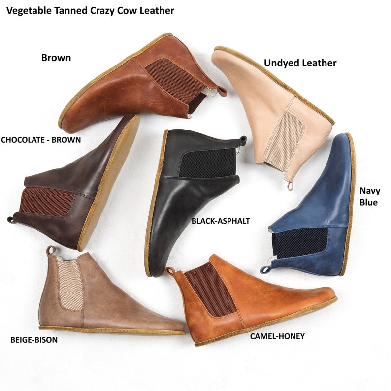 May include: Vegetable tanned crazy cow leather ankle boots in various colors, including brown, chocolate brown, beige bison, camel honey, black asphalt, undyed leather, and navy blue.