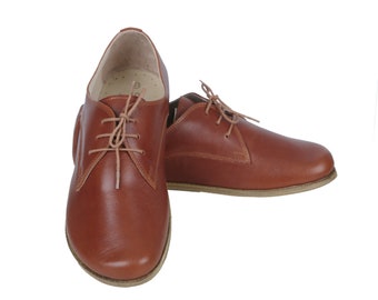 MEN Oxford Barefoot BROWN Leather Handmade Classic Yemeni Shoes, Natural, Colorful, Slip-On