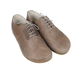 Men's Beige Leather Barefoot Oxford Shoes: Handmade Lace-Up Dress Shoes