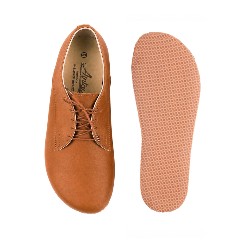 Women's Barefoot TAN SMOOTH Leather Oxford Shoes, Classic Comfort & Style: Handmade, Moccasins, 6mm Rubber Outsole Tan