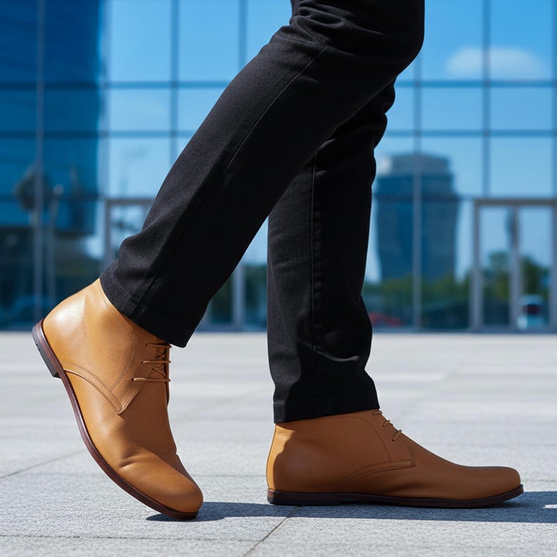 Puede incluir: Botines de cuero color canela con dise&ntilde;o de cordones. Los botines se llevan con pantalones negros. La imagen est&aacute; tomada al aire libre con un edificio moderno al fondo.