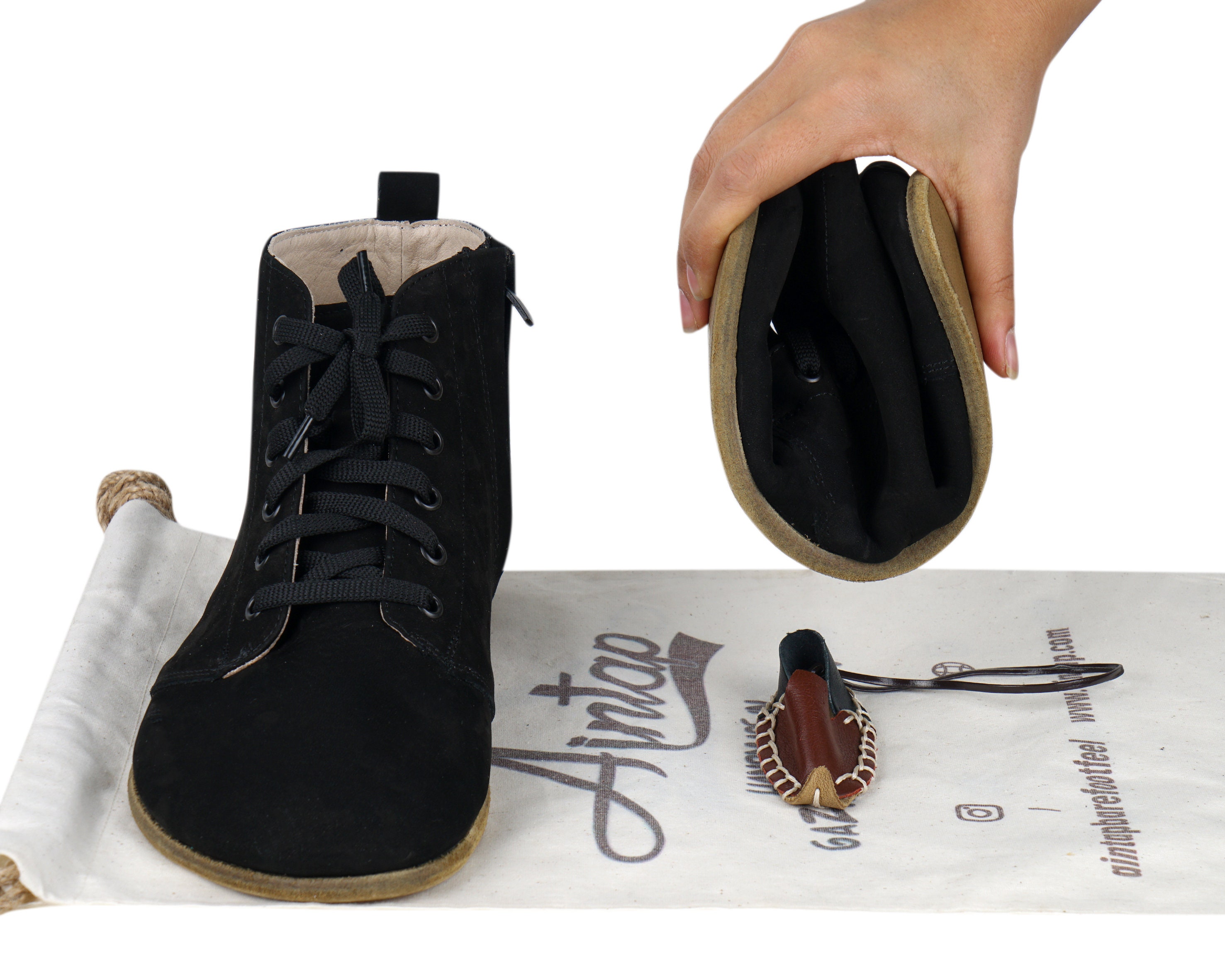 Mens Handmade Black Nubuck Leather Barefoot Boots: Wide Toe  display picture 1
