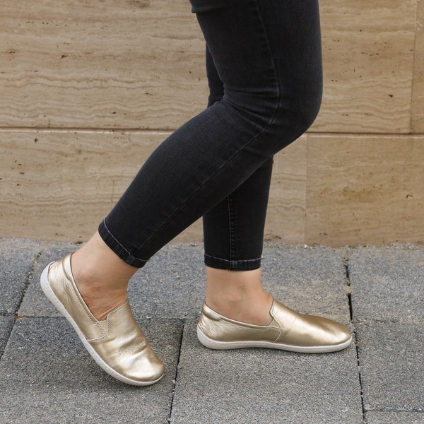 Femmes SLIP-ON GOLD Cuir brillant, Pieds nus faits à la main, Mise à la terre, Zero Drop, Semelle en caoutchouc souple flexible, Élégant, Naturel, Coloré