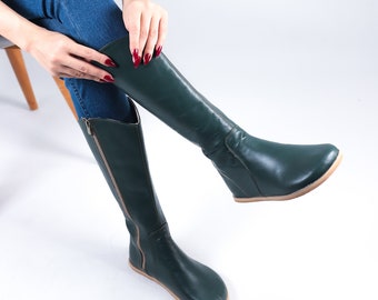 Handmade Green Smooth Leather Knee Boots: Barefoot Zero Drop, 5mm Eva Outsole