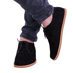 MEN Zero Drop Oxford Barefoot BLACK NUBUCK Leather Handmade Shoes, Natural, Colorful, Slip-On
