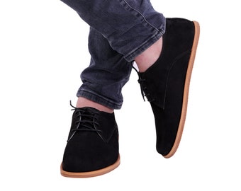 MEN Zero Drop Oxford Barefoot BLACK NUBUCK Leather Handmade Shoes, Natural, Colorful, Slip-On