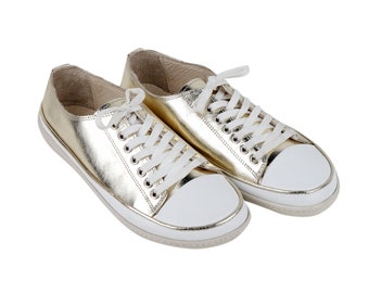 Women Wider Converse Style Shoe, Handmade, Zero Drop, Barefoot GOLD Bright Leather, Colorful, Leather Insole, 6mm Rubber Outsole