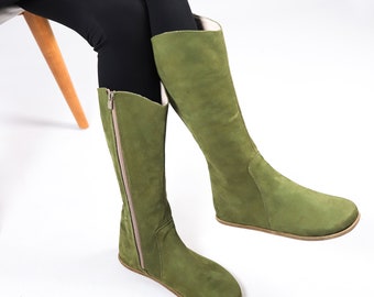 Women Flat KNEE Boots Barefoot Zero Drop GREEN NUBUCK Leather Handmade Shoes, 5mm Leather Outsole