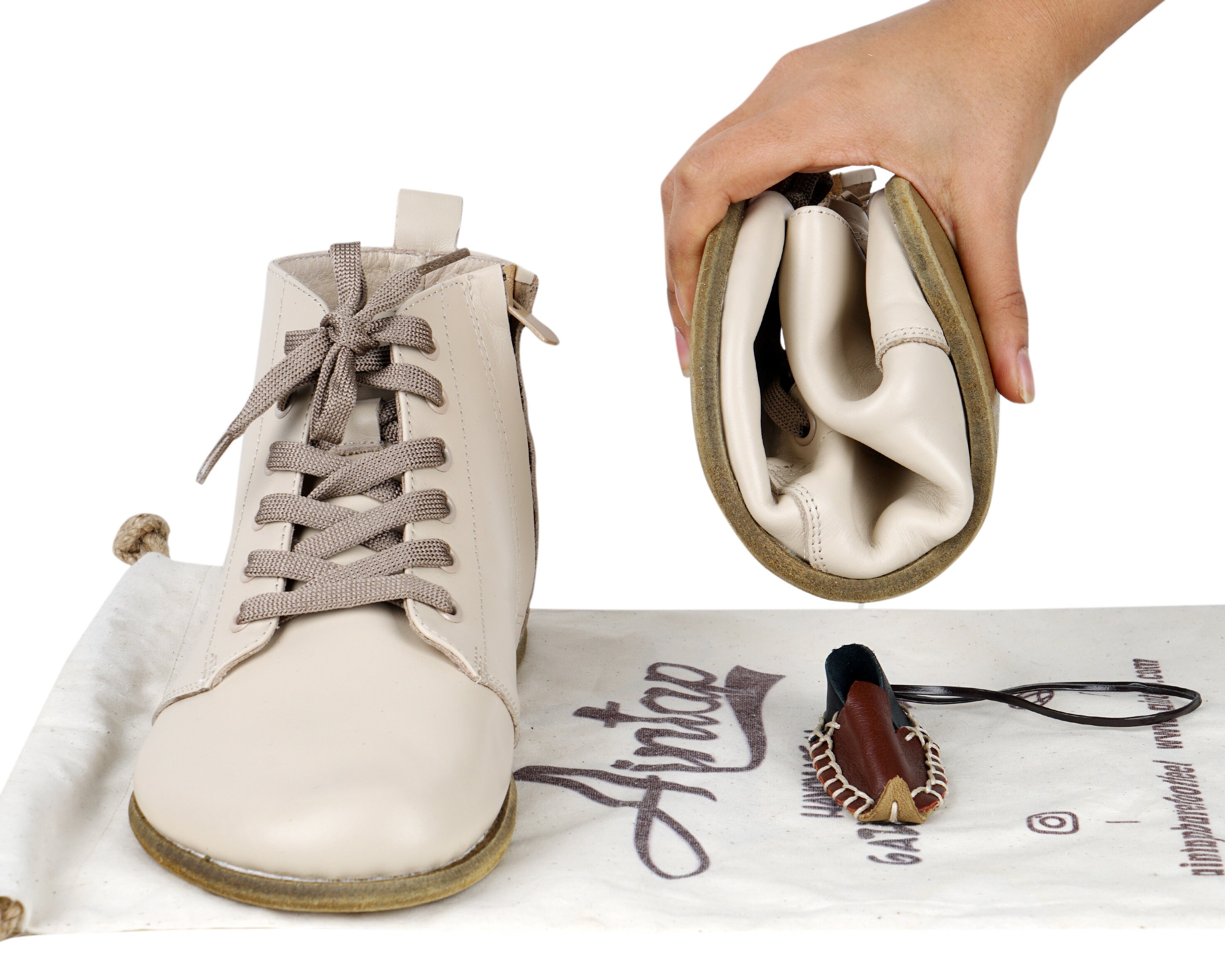 Women SHORT Boots Zipper & Laces Zero Drop, Barefoot CREAM