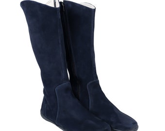 Bottes plates pour femmes, pieds nus, zéro chute, chaussures faites main en cuir NUBUCK bleu marine, semelle extérieure en caoutchouc souple de 6 mm