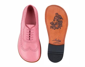 Zapatos Oxford de piel lisa rosa para mujer, estilo mocasín, cómodos y con estilo clásico: hechos a mano.