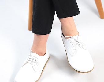 WOMEN Zero Drop Oxford Shoes Barefoot ALL WHITE Patent  Leather Handmade Shoes, Colorful, Slip-On Leather Outsole