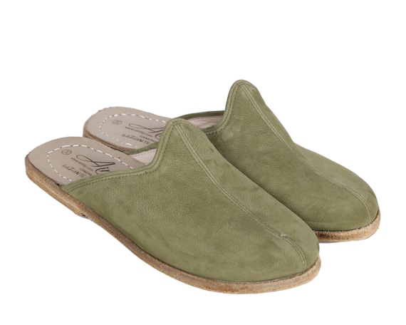 HOMME Large Pantoufle Sandales Pieds Nus VERT NUBUCK Cuir Fait