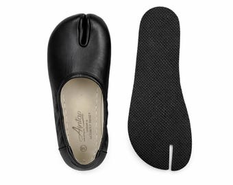 Dam Barfota Platta Balett Tabi Skor SVARTA Släta Läder Delad Tå, Komfort, Handgjorda, 6 mm Gummisula