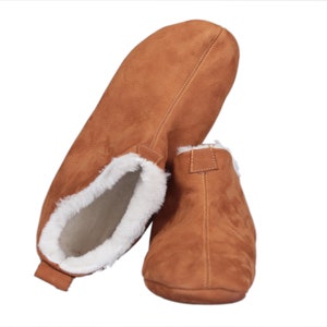 Unisex TAN Bootie Slippers 100% Inside Sheep Fleece,  Outside NUBUCK Leather & Handmade, Stylish, Natural, Colorful