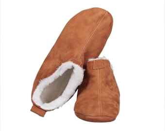 Unisex TAN Bootie Slippers 100% Inside Sheep Fleece,  Outside NUBUCK Leather & Handmade, Stylish, Natural, Colorful