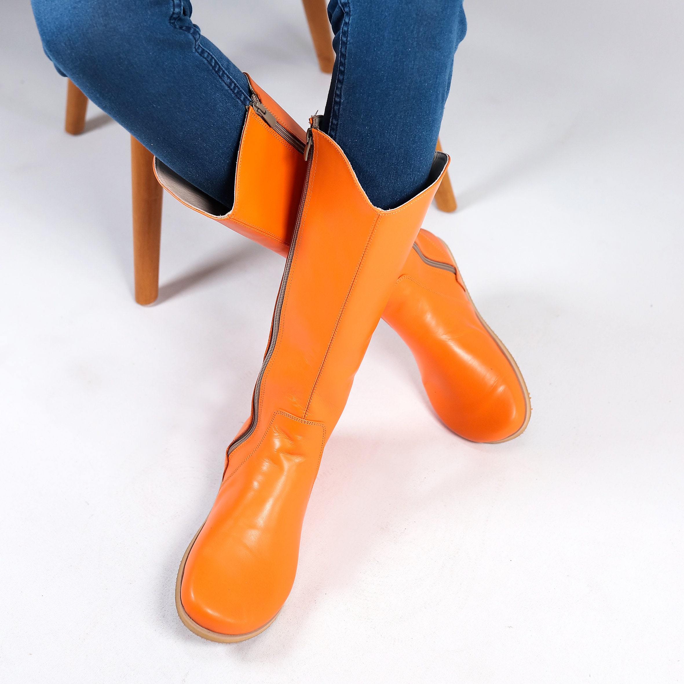 DSI Shoes オレンジ ハイヒール Handmade Orange Leather Knee Boots: Barefoot Zero Drop Shoes