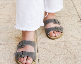 Men Double Strap & ,Buckle Barefoot Sandals NUBUCK GRAY Leather Handmade Zero Drop, Slipper