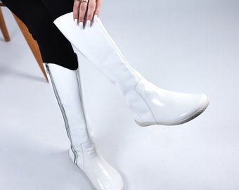 Women Flat KNEE Boots Barefoot Zero Drop PATENT WHITE Leather Handmade Shoes, 6MM Soft Rubber Outsole